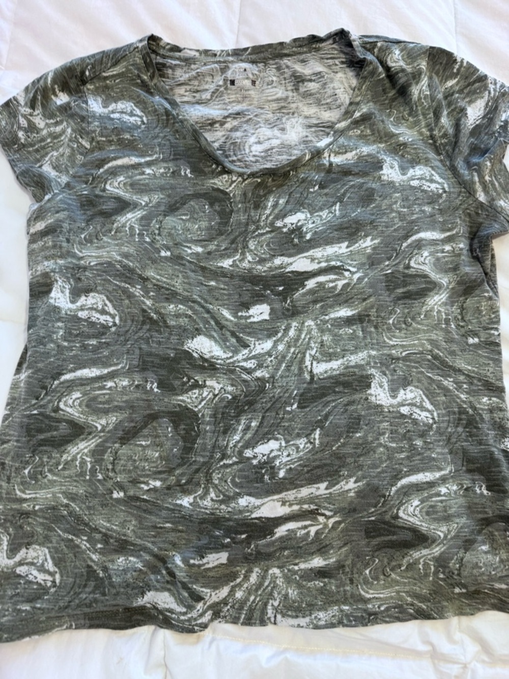 Style & Co. Olive and White Marble-Print V-Neck Tee